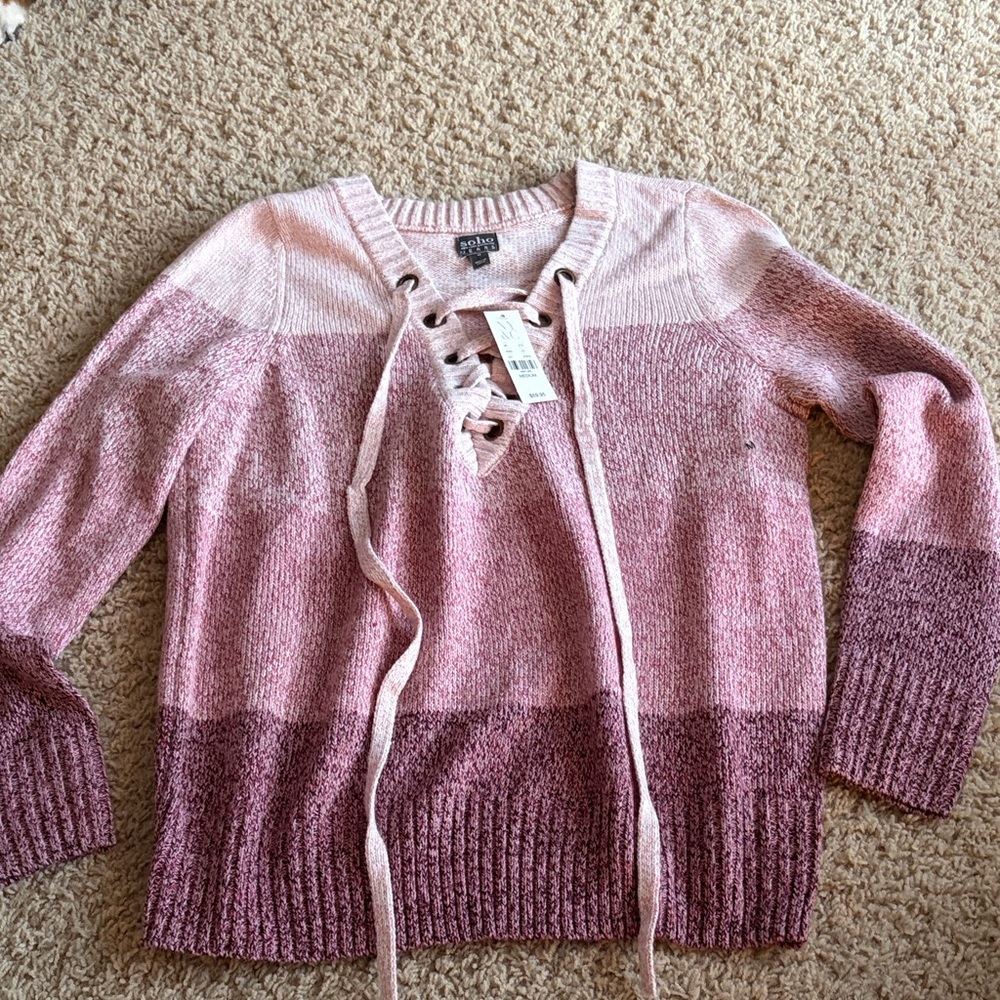 NY&C Pink Gradient Lace-Up V-Neck Sweater